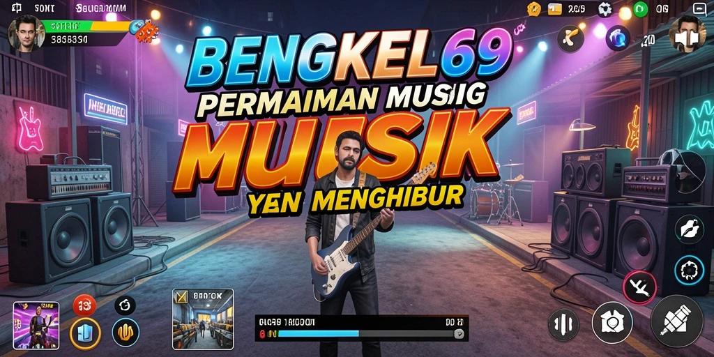 Tampilan gameplay menarik dalam BENGKEL69 yang memadukan musik dan permainan.