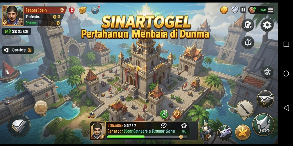 Screenshot gameplay SINARTOGEL dengan menara bertahan di medan perang.